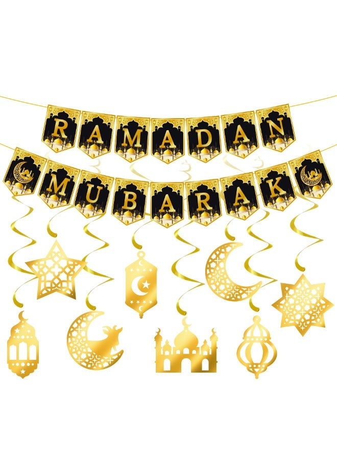 9 PCS Ramadan Mubarak Decoration Set, Black & Gold Bunting Banner with Hanging Swirls, Ceiling Streamers, Moon Star Lantern Cutouts, Islamic Home Party Supplies, Eid Festival Decor - Image 1